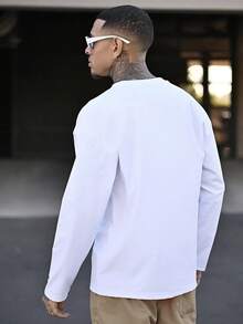 Devon Thys Men's All-Match Solid Color Casual Long Sleeve T-Shirt, Versatile, Spring/Autumn, Fall - White - View 2