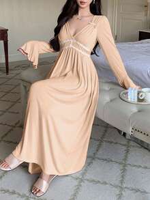 DAZY 浪漫褶皱设计花卉饰边收腰喇叭袖连衣裙，春季女士睡裙 - 杏色 - 查看 3