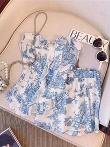 GlowEve Elegant Casual Printed Top And Pants 2 Pieces Set - Blue - View 1