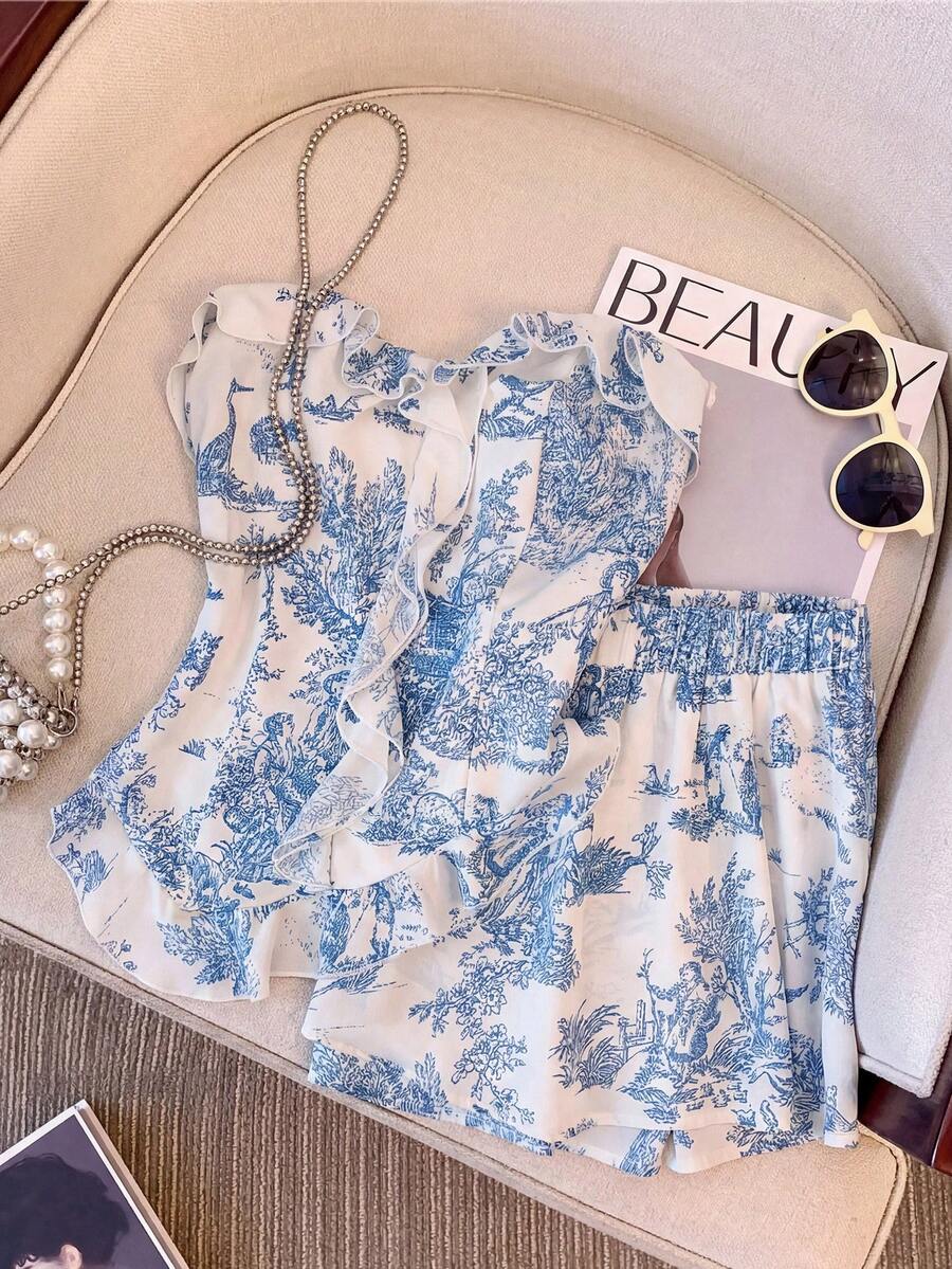 GlowEve Elegant Casual Printed Top And Pants 2 Pieces Set - Blue - View 1