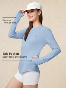OutZeal Women Outdoor Blue Tee Solid Color Hiking Gym Workout UV Protection Cool Touch With Pocket Long Sleeve T-Shirt Summer Spring - Blue - View 3