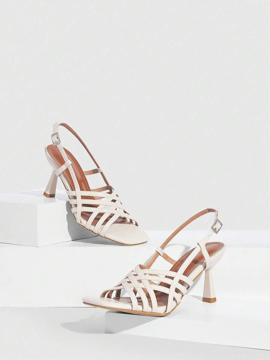 CUCCOO SZL Retro Square Toe Woven Hollow Roman Sandals For Women With French Style Dress Temperament, Minimalist Retro Style Square Toe Cross Thin Strap Versatile Commuting Slim Heel Open Toe Sandals, High Heels Prom Heels Summer Shoes - White - View 1