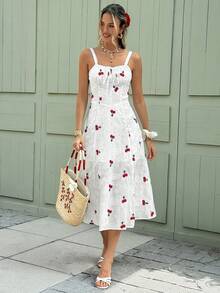 Serisse Đầm midi hai dây buộc trước, thêu hoa anh đào, dành cho nữ, thích hợp cho kỳ nghỉ. - Nhiều màu - Xem 6