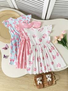 Playful Pals 3件套女童夏季碎花、爱心、蝴蝶印花荷叶边袖连衣裙套装，适合外出、休闲穿着、派对场合 - 彩色 - 查看 2