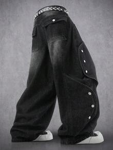 Manfinity Denimwave 男士休闲街头风做旧弧形宽松黑色牛仔裤 - 黑色 - 查看 5