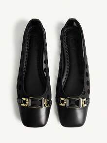 CUCCOO CHICEST Square Toe Loafers, Soft Sole Mesh Strap Fashionable Elegant Versatile Comfortable Slip-On Apricot Flat Shoes - Black - View 1