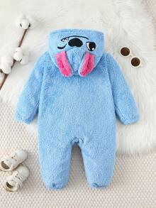 SHEIN Baby/Baby Boy/Girl Fleece Thickened Hooded Jumpsuit, Jumpsuit Outfits, Comfortable Versatile Fashion Daily Cute Ear Design Costumes, Suitable For Indoor, Outdoor Skiing, Daily Wear, Sports, Play, Party, Photo Shoot, Holiday, Halloween Warm Jumpsuit For Baby Boy New Born Baby Boy Clothes Winter Baby Fleece Jumpsuit Baby Cartoon Clothes - Blue - View 2