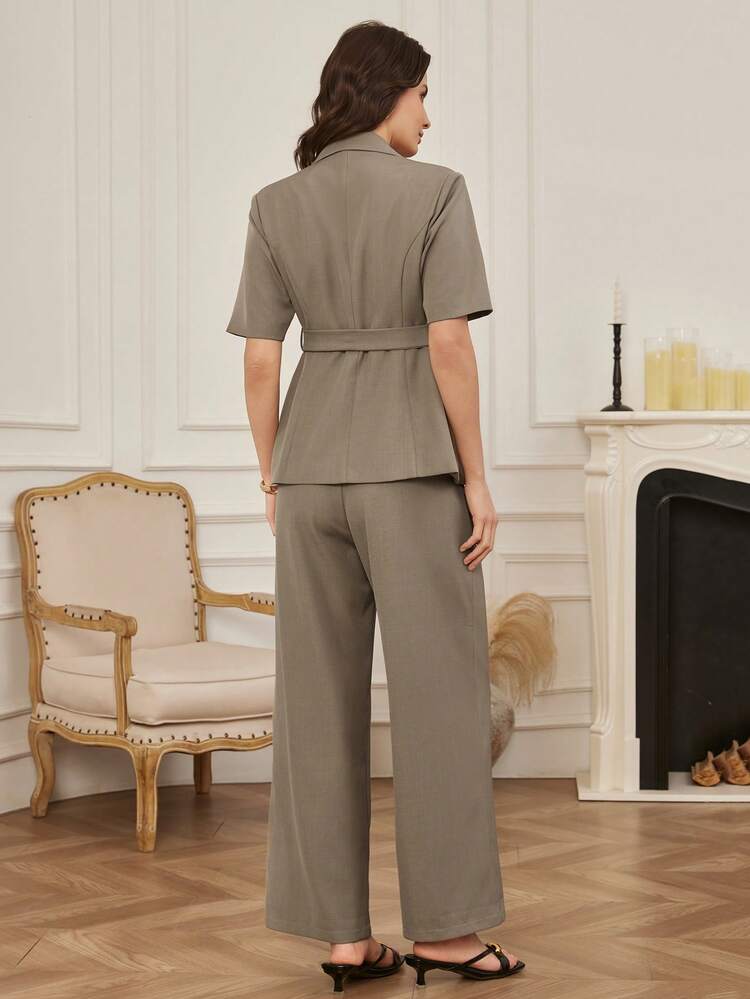 Women's Solid Color Knotted Waist Lapel Neck Mid-Sleeve Top And Wide Leg Pants Casual 2-Piece Set,Wedding Guest Dress Women Business Casual Woman