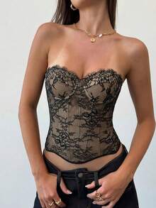 Aloruh Women's Lace Bralette Sexy Fitted Bandeau Top - Black - View 1