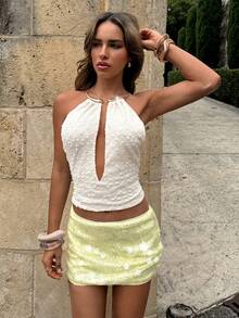 Aloruh Áo tank top nữ dệt kim, ôm sát, cổ yếm kim loại, màu trơn - Màu be - Xem 4