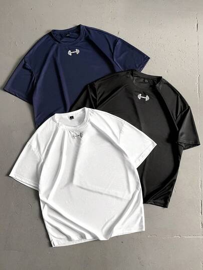 StoneGrade 3 件男士夏季休闲百搭哑铃印花运动 T 恤健身衫男士运动衫健身房 T 恤超大码健身衫