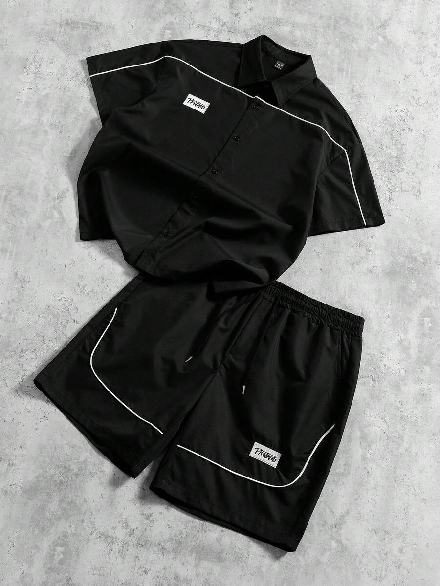 PAVTROS 男士夏季休闲撞色滚边衬衫和短裤套装 - 黑色 - 查看 1