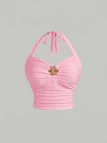 SHEIN MOD 加大码杏色提花面料吊带上衣和半裙两件套 - 粉色 - 查看 6