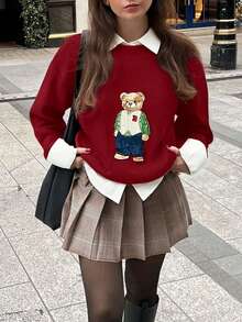 Briarwyn 女士休闲宽松卡通熊图案圆领落肩长袖毛衣 - 紅色 - 查看 4