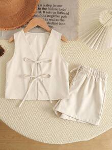 SHEIN 少女休闲优雅简约无袖蝴蝶结宽松背心上衣和松紧腰短裤两件套，米色 - 白色 - 查看 7