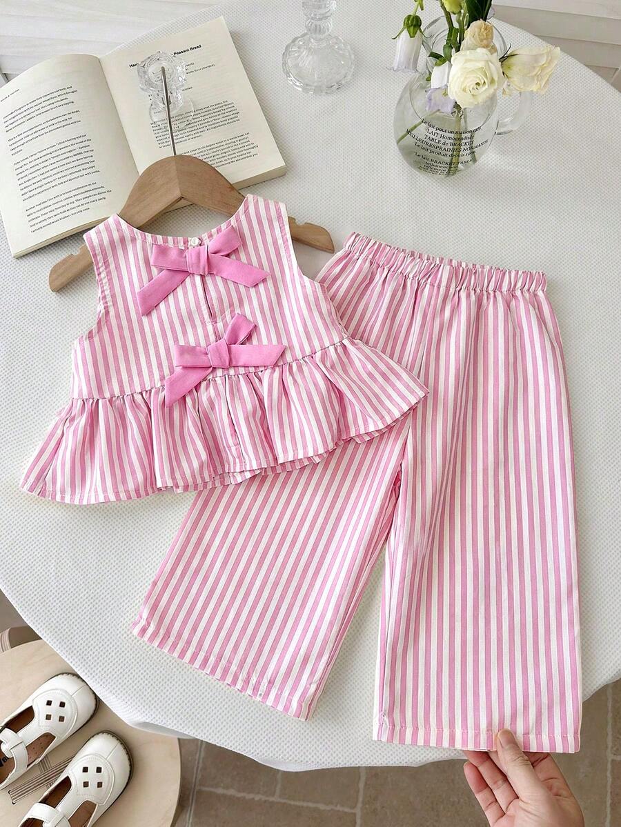 LMoss Kids 女婴条纹无袖上衣和打底裤两件套 - 粉色 - 查看 1