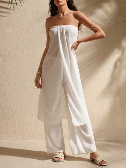 Swim Vcay Summer Vacation Beach Solid Color Strapless Front Split Dress & Wide Leg Pants Set For Women