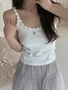 DAZY 夏季女士甜美撞色蕾丝吊带背心 - 白色 - 查看 3