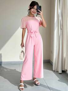 ChillGRL Bộ áo liền quần cho bé gái thời trang và đa năng, kiểu dáng ngọt ngào, thắt eo, chất liệu lưới xuyên thấu, cổ tròn, tay ngắn đính lưới và ngọc trai, có thắt lưng, thanh lịch, phù hợp đi làm, dự tiệc, đám cưới. - Hồng - Xem 1