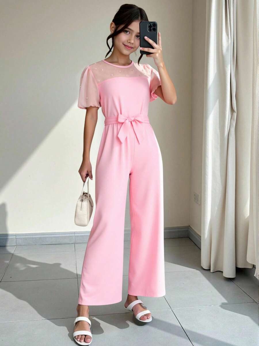 ChillGRL Bộ áo liền quần cho bé gái thời trang và đa năng, kiểu dáng ngọt ngào, thắt eo, chất liệu lưới xuyên thấu, cổ tròn, tay ngắn đính lưới và ngọc trai, có thắt lưng, thanh lịch, phù hợp đi làm, dự tiệc, đám cưới. - Hồng - Xem 1