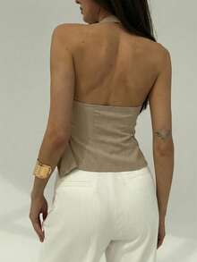 Aloruh 卡其色极简通勤卡其色春夏新款露背吊带金属扣可调节腰身女士西装外套 - 卡其色 - 查看 2