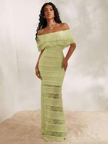 Opulessa Knitted Lace Off Shoulder Fitted Mermaid Dress For Women - Green - View 1