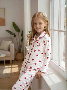 Genkimix Kids 女学生睡衣套装，可爱甜美的花卉爱心印花长裤和开衫，休闲两件套家居服，适合青少年女孩 - 彩色 - 查看 4