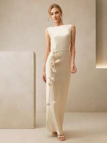 Anewsta 女士优雅圆领无袖连衣裙，配可拆卸腰间花朵腰带，缎面质感 - 米色 - 查看 5