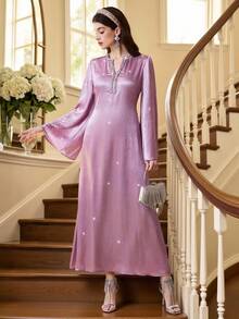 Al Najma Đầm maxi Thổ Nhĩ Kỳ dành cho nữ và áo abaya truyền thống Ả Rập. - Hồng - Xem 7