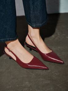 4厘米酒红色高跟鞋，派对礼服鞋，套穿式尖头细高跟鞋，优雅，猫跟鞋 - 紅色 - 查看 6