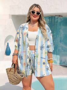 Vivid Eden Conjunto de 2 piezas de camisa tipo kimono y pantalones cortos con estampado de hojas azules para mujer de talla grande para verano - Multicolor - Ver 5