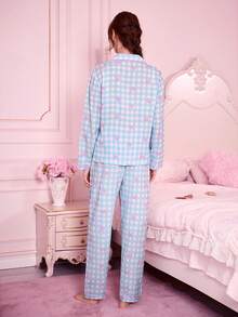 2pcs Plaid Bow Print Pajama Set, Long Sleeve Lapel Top And Bowknot Pants, Women Sleepwear Loungewear, Autumn/Winter, Fall Clothes - Baby Blue - View 2