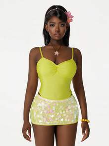 Amplova Women Neon Green Ruched Camisole Jumpsuit And Sequin Bodycon Mini Skirt Sexy 2 Pieces Set - Yellow - View 6