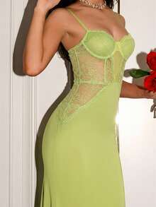 SHEIN Glamour Women's Elegant Sexy Sheer Lace Panel High Slit Strap Dress Maxi Women Outfit Green Sexy Dress Lime Green Dress Women Green Satin Dress Dress With Built In Bra Bustier Dress - Olive Green - View 6