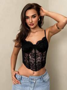 SHEIN Glamour 花卉印花性感蕾丝修身吊带背心 - 黑色 - 查看 4