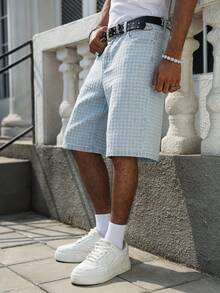 Manfinity EMRG Men's Casual Crochet Blue Denim Shorts, Street Fashion - Light Wash - View 7