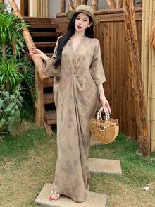 DAZY 女士印花深V领优雅长袖连衣裙夏季吊带裙 - 杏色 - 查看 6