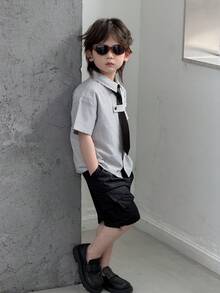 DAZY Young Boy Striped Print Applique Casual Short Sleeve Shirt - Blue - View 3