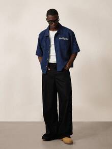 STYNVO Men's Casual Striped Letter Embroidered Short Sleeve Shirt - Navy Blue - View 3