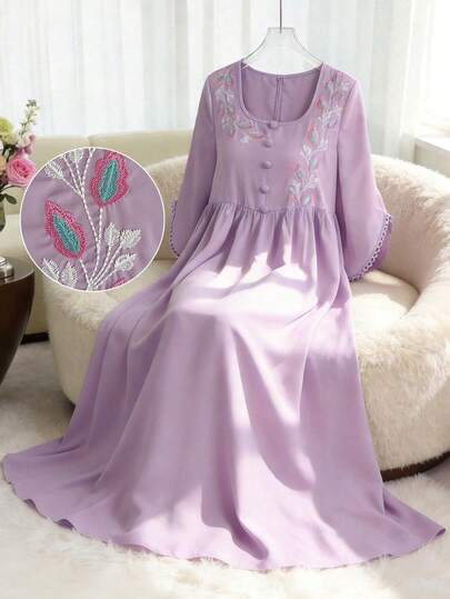 Yasmyna Elegant Women's Square Neck Loose Floral Embroidered Long Sleeve Swing Dress, Purple