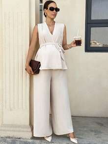 MaterniWear Bộ đồ bầu 2 món màu trơn, kiểu dáng thường ngày, gồm áo tank top không tay và quần dài, thích hợp cho mùa hè. - Màu be - Xem 3