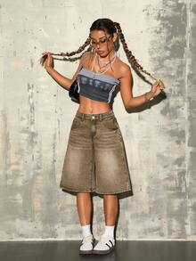 SHEIN ICON Quần short denim nữ kiểu dáng thường ngày, có túi và cúc. - màu nâu - Xem 5