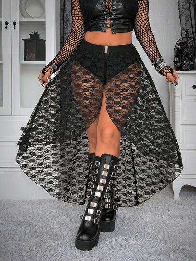 Whyspr 大码女装新款复古浪漫度假风大胆前卫朋克荒野风格蕾丝拼接不规则半身裙，金属扣腰饰，春夏连衣裙，适合科切拉音乐节/音乐节/派对