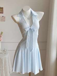 Comfortcana 女士条纹前系带荷叶边下摆无袖连衣裙 - 淺藍色 - 查看 7