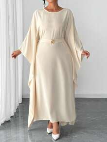 Elenzga Plus Size Women's White Autumn Modest Crinkle Elegant Office Middle Eastern Round Neck Cinched Waist Batwing Sleeve Abaya Maxi Dress - Apricot - View 4