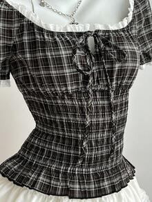 Elamini French Retro Lace Trim Square Collar Short Sleeve Women's Blouse, Ruched Waist, Cropped Length, Suitable For Work, Spring/Summer - Black and White - View 6