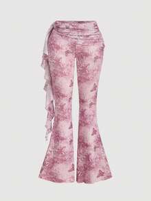 SHEIN MOD 女士休闲日常浪漫蝴蝶印花喇叭裤，带缎带装饰 - 彩色 - 查看 2