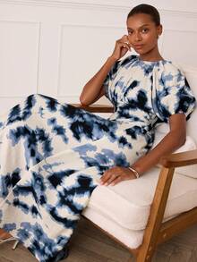 Lilora 女士优雅蜡染印花花瓣袖收腰连衣裙，度假风 - 藍白色 - 查看 1