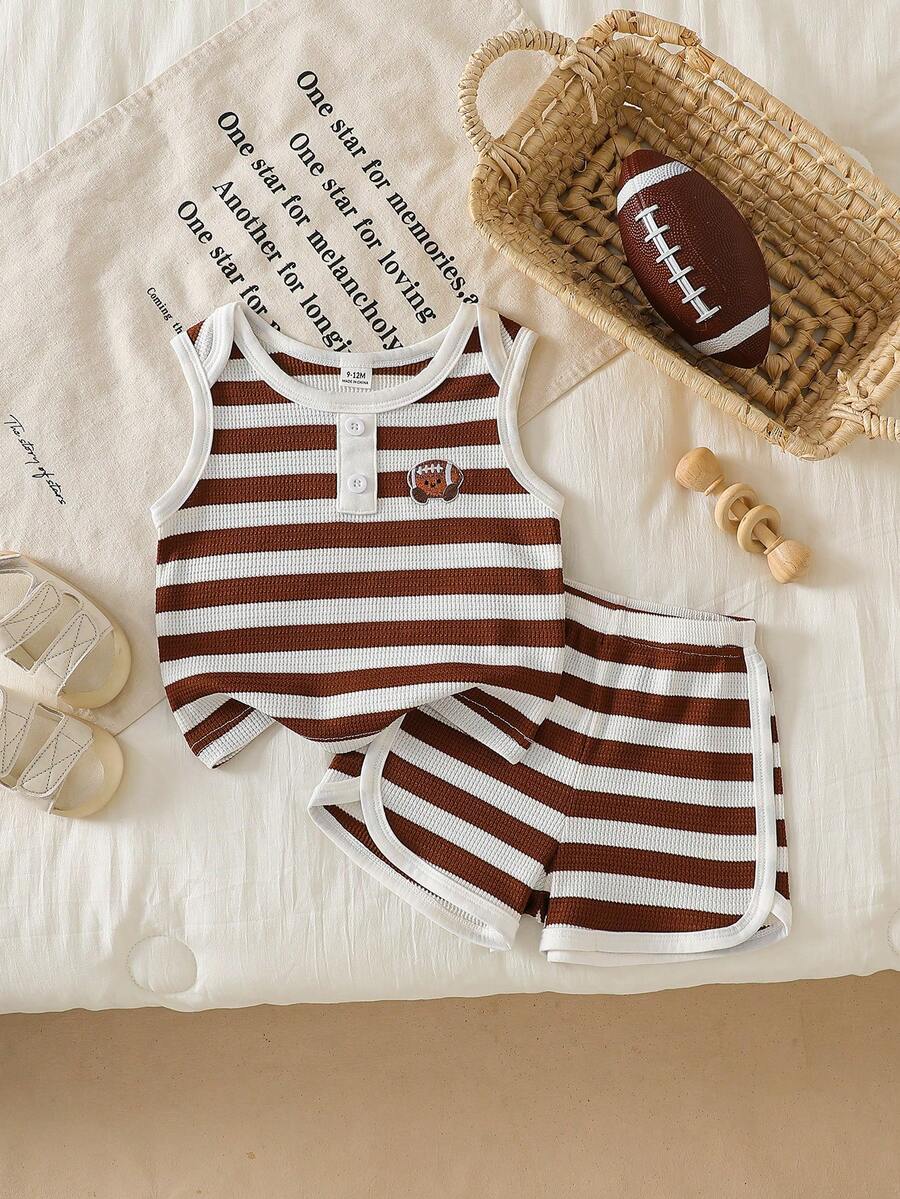 Toddler Boys' Brown & White Striped Bear Embroidered Sleeveless Vest With Shorts, 2pcs Casual Homewear Set - Coffee Brown - View 1