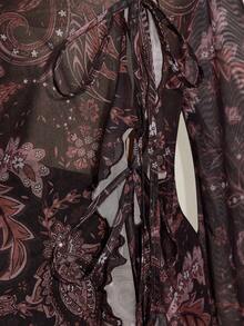 SHEIN ICON Áo dài tay dáng rộng dành cho nữ, họa tiết hoa, thắt nơ phía trước, kiểu dáng thường ngày. - màu nâu - Xem 9